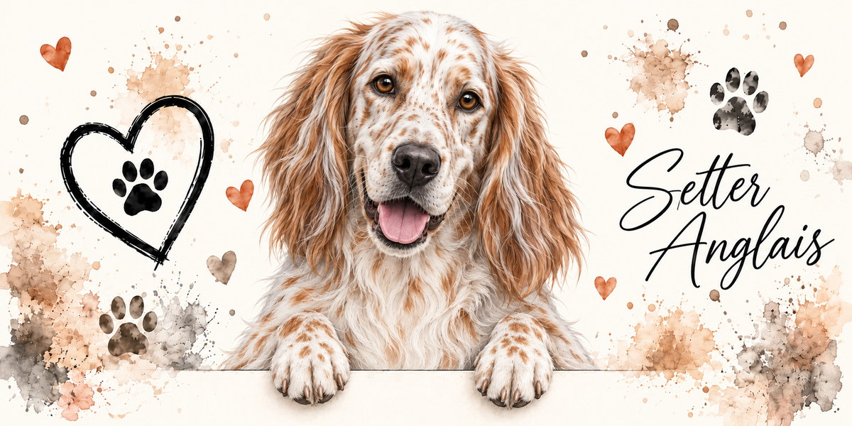 Illustration aquarelle Setter anglais : setter orange belton à la robe blanche truitée de roux, longues oreilles frangées, accoudé à une bordure sur fond crème, empreintes de pattes, cœur tracé au trait et éclaboussures