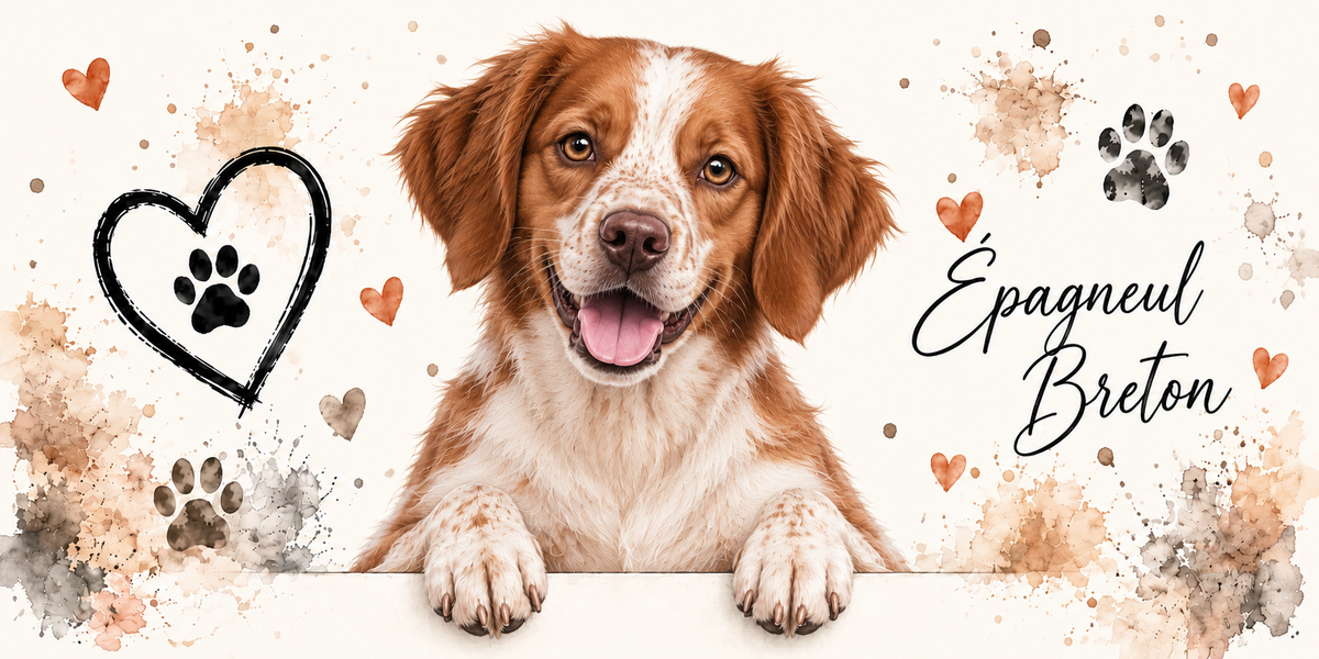 Illustration aquarelle Épagneul breton : chien orange et blanc, tête rousse barrée d'une liste blanche, accoudé à une bordure sur fond crème, empreintes de pattes, cœur tracé au trait et éclaboussures