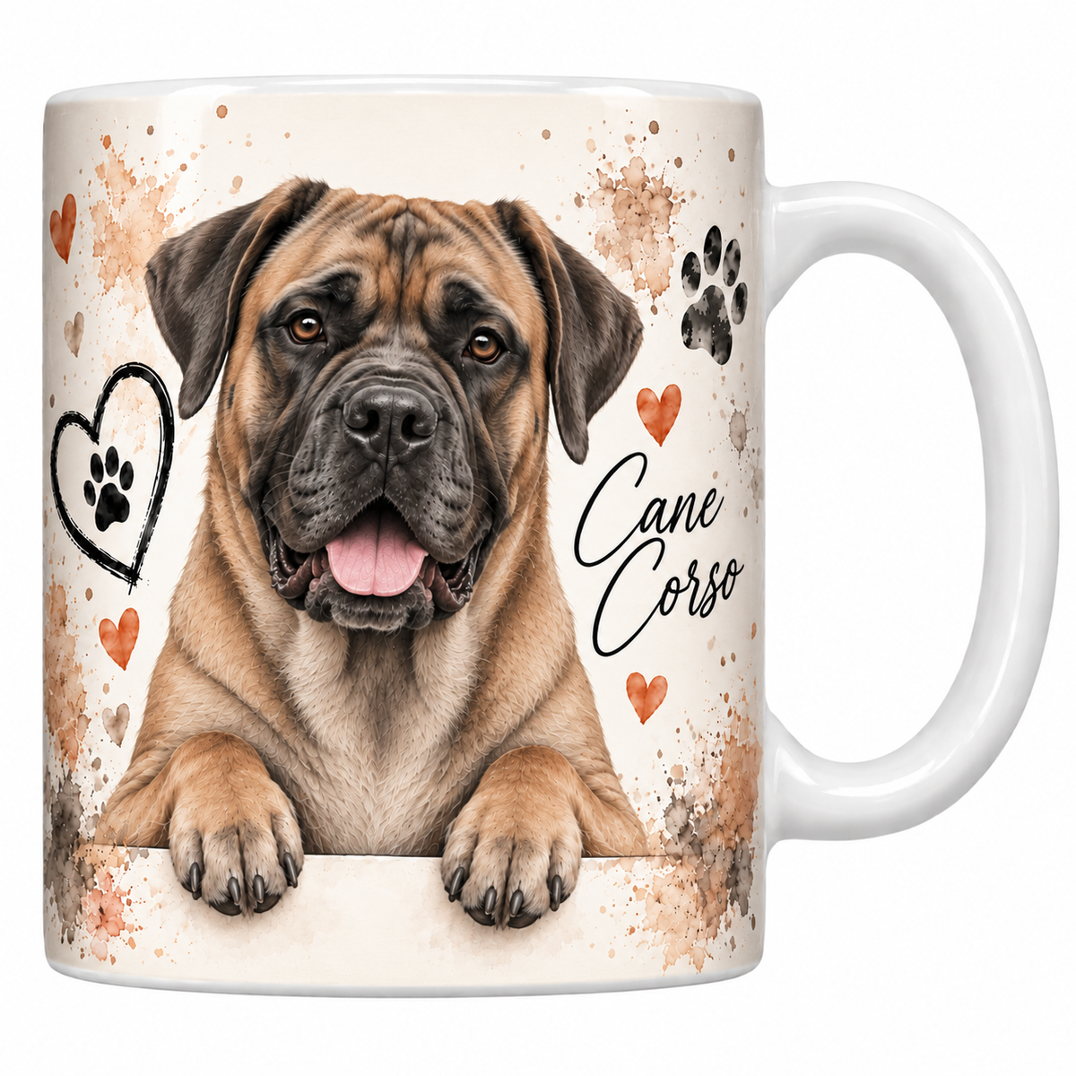 Mug blanc Cane corso aquarelle : chien fauve à masque noir aux oreilles tombantes accoudé à une bordure, empreintes de pattes et cœur au trait