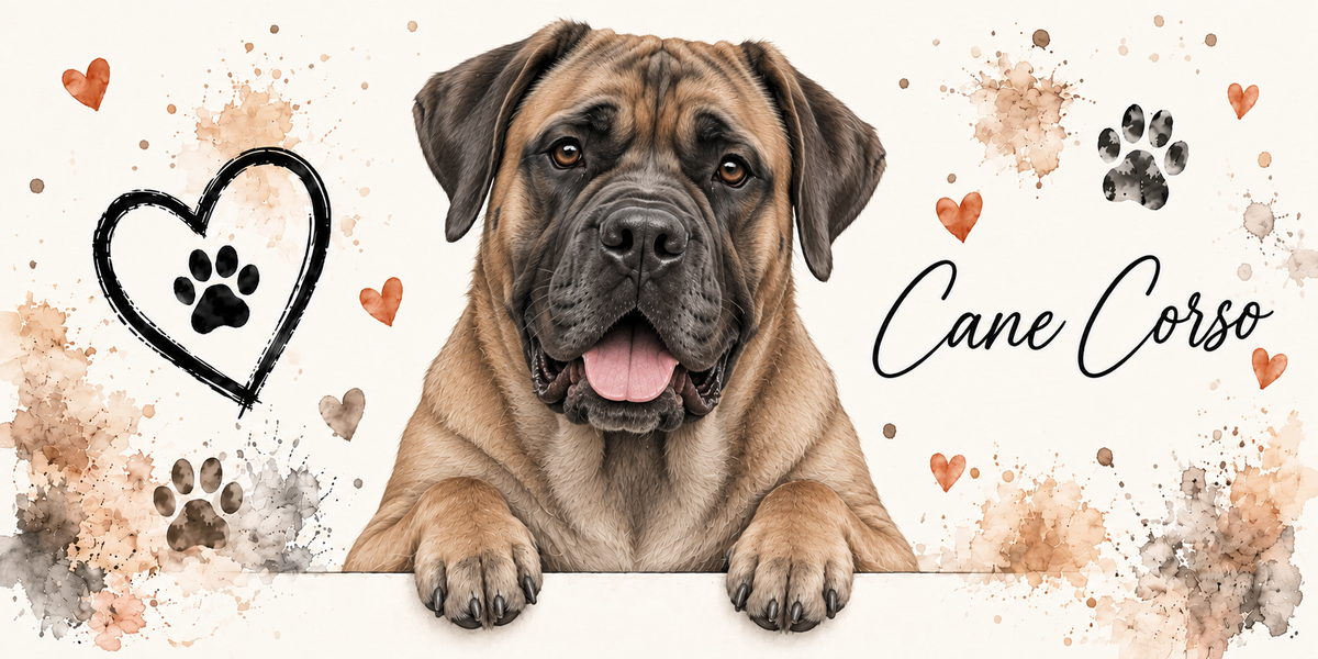 Illustration aquarelle Cane corso : chien fauve à masque noir, oreilles naturelles tombantes, accoudé à une bordure sur fond crème, empreintes de pattes, cœur tracé au trait et éclaboussures