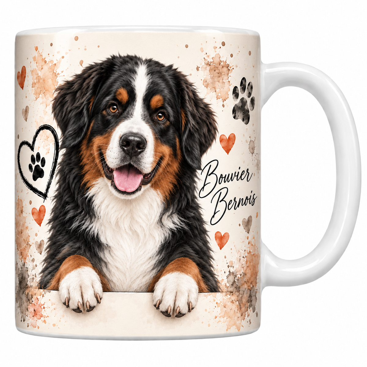 Mug blanc Bouvier bernois aquarelle : chien tricolore noir, blanc et feu accoudé à une bordure, empreintes de pattes et cœur au trait