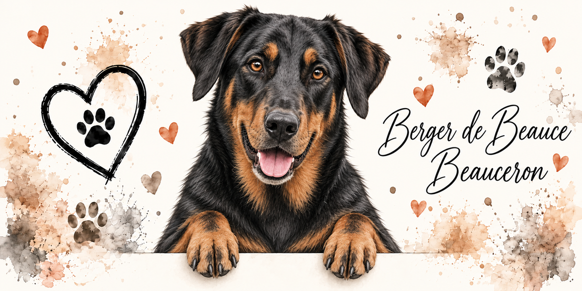 Illustration aquarelle Beauceron : berger de Beauce noir et feu, oreilles naturelles tombantes, accoudé à une bordure sur fond crème, empreintes de pattes, cœur tracé au trait et éclaboussures