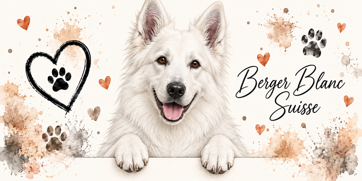 Illustration aquarelle Berger blanc suisse : chien à la robe entièrement blanche, oreilles droites, accoudé à une bordure sur fond crème, empreintes de pattes, cœur tracé au trait et éclaboussures
