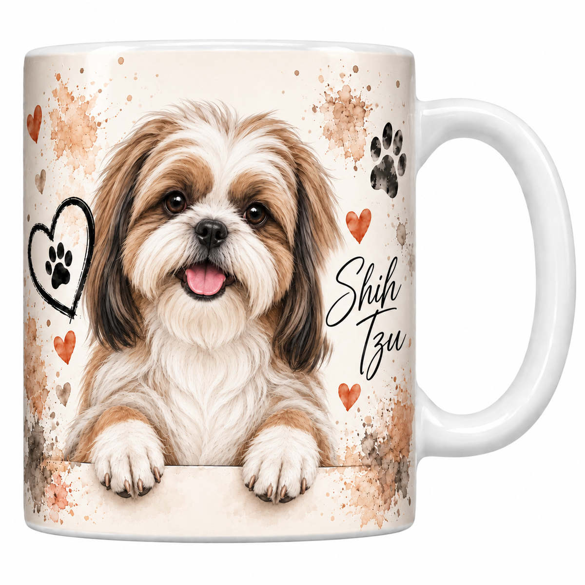 Mug blanc Shih tzu aquarelle : petit chien fauve et blanc au long poil accoudé à une bordure, empreintes de pattes et cœur au trait