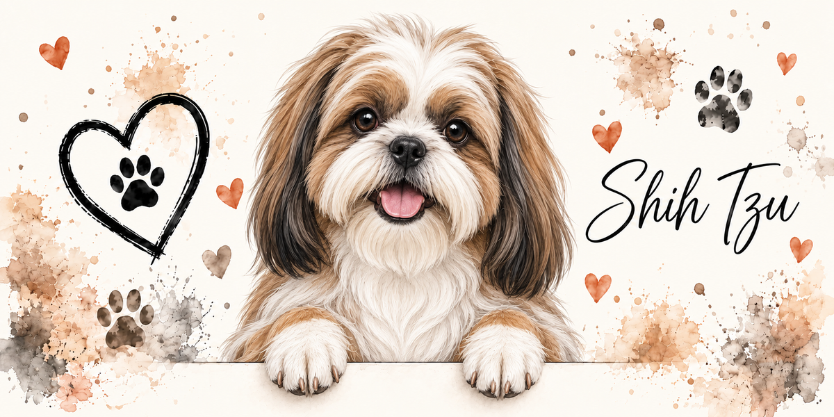 Illustration aquarelle Shih tzu : petit chien fauve et blanc au long poil tombant, oreilles fournies, accoudé à une bordure sur fond crème, empreintes de pattes, cœur tracé au trait et éclaboussures