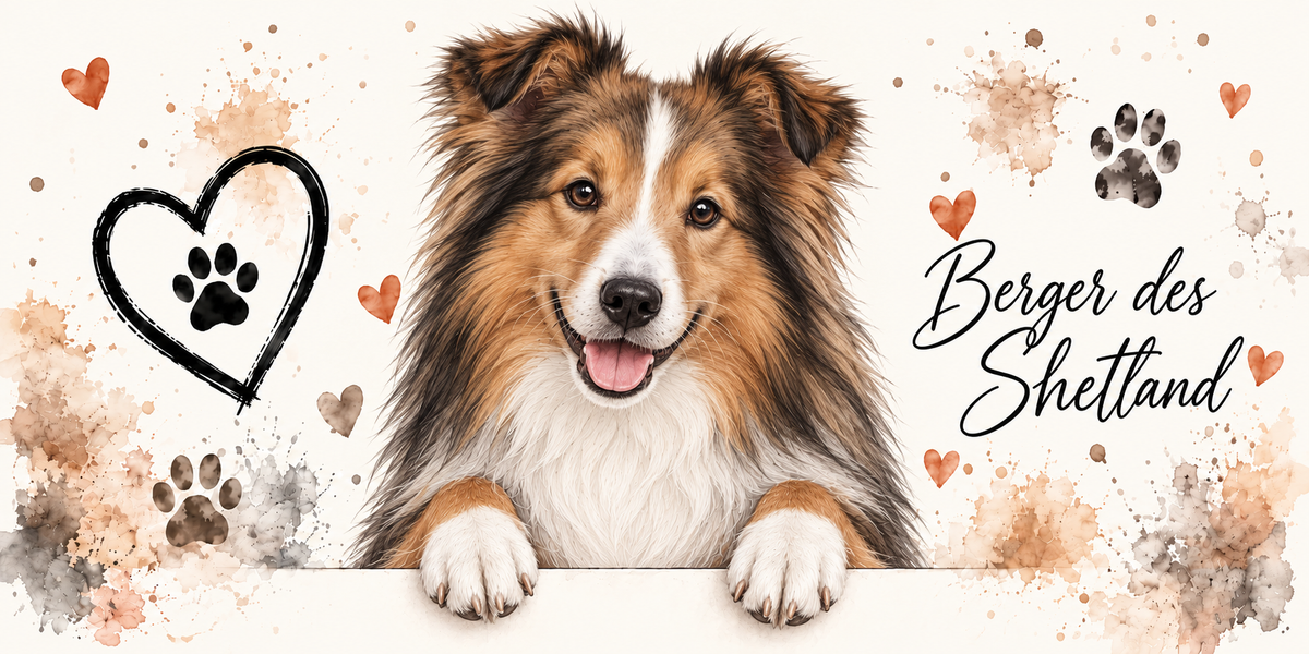 Illustration aquarelle Berger des Shetland : sheltie zibeline et blanc, collerette blanche et oreilles aux pointes tombantes, accoudé à une bordure sur fond crème, empreintes de pattes, cœur tracé au trait et éclaboussures