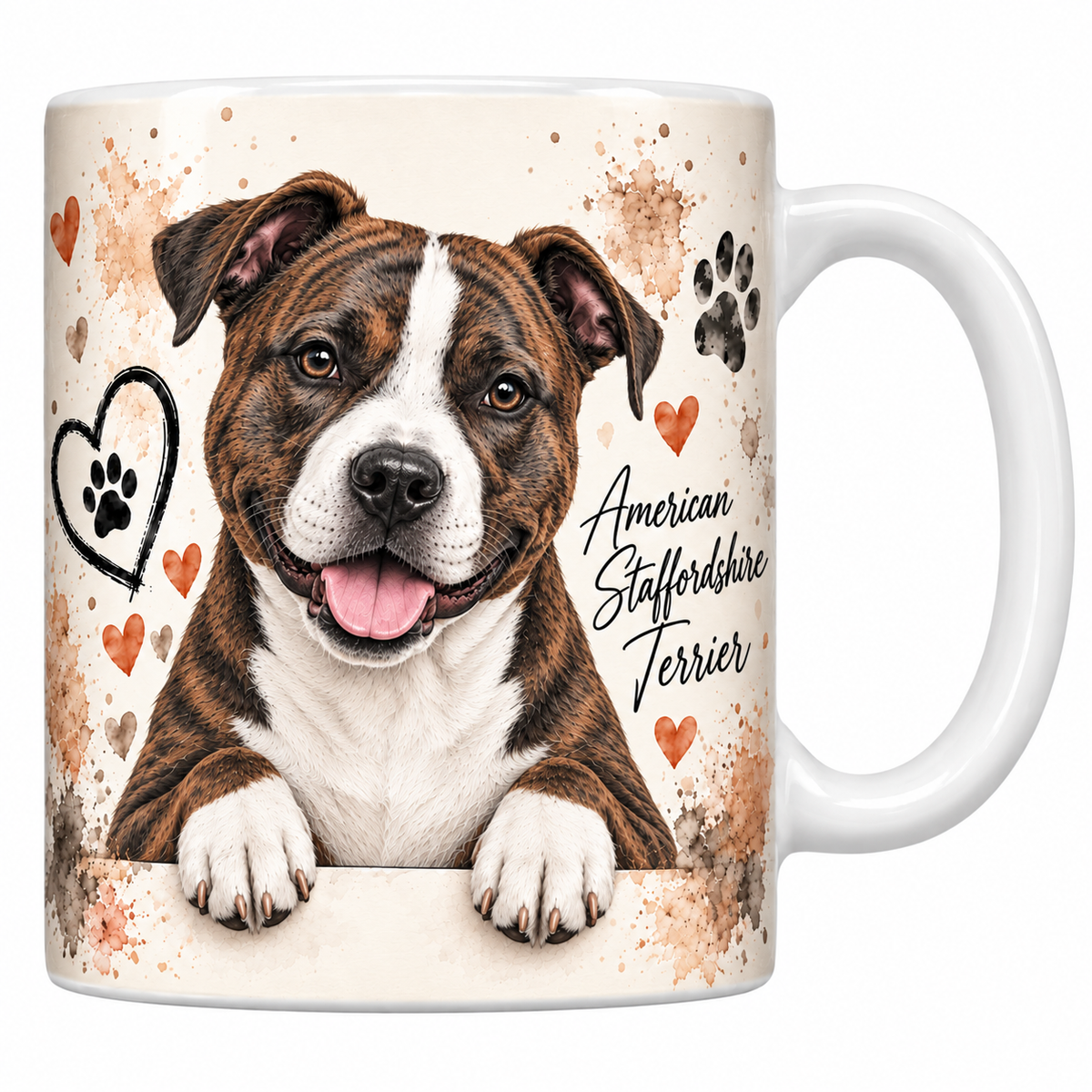 Mug blanc American staffordshire terrier aquarelle : chien bringé au chanfrein blanc accoudé à une bordure, empreintes de pattes et cœur au trait