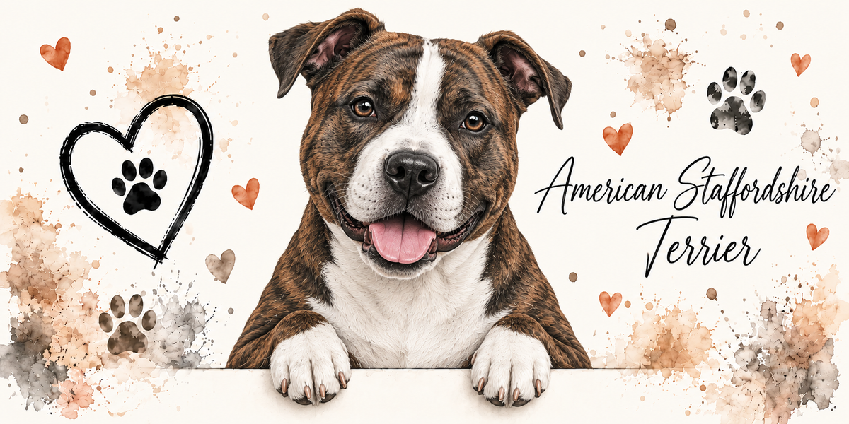 Illustration aquarelle American staffordshire terrier : chien bringé et blanc, oreilles naturelles tombantes, accoudé à une bordure sur fond crème, empreintes de pattes, cœur tracé au trait et éclaboussures