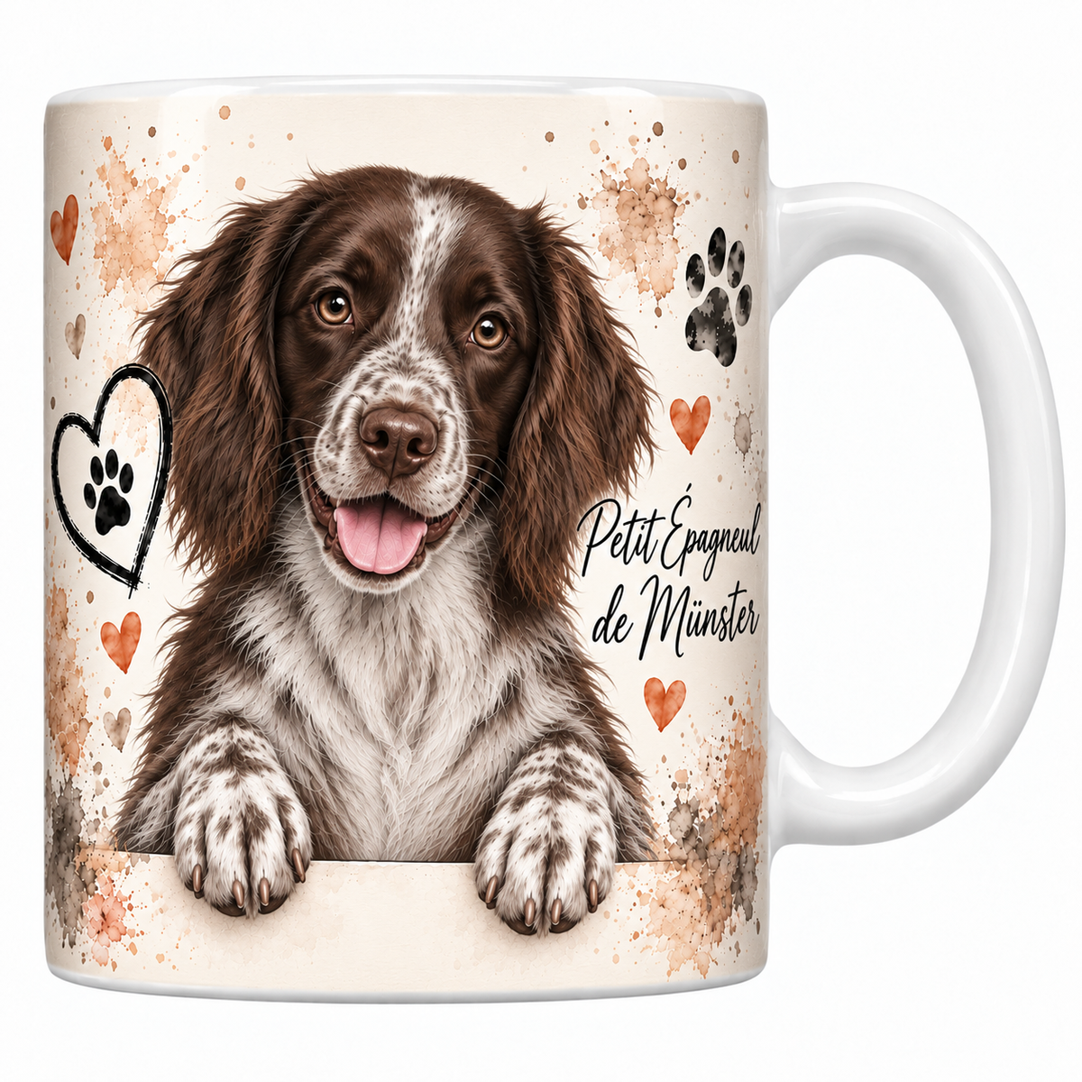 Mug blanc Petit épagneul de Münster aquarelle : chien marron et blanc aux longues oreilles frangées accoudé à une bordure, empreintes de pattes et cœur au trait