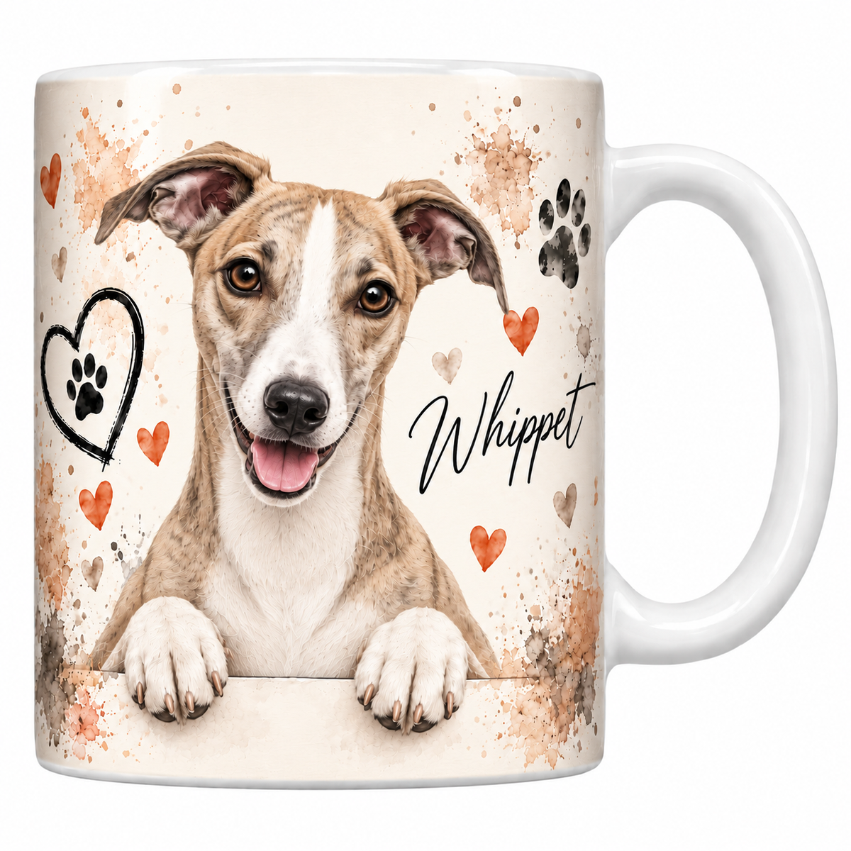 Mug blanc Whippet aquarelle : lévrier bringé fauve au chanfrein blanc accoudé à une bordure, empreintes de pattes et cœur au trait