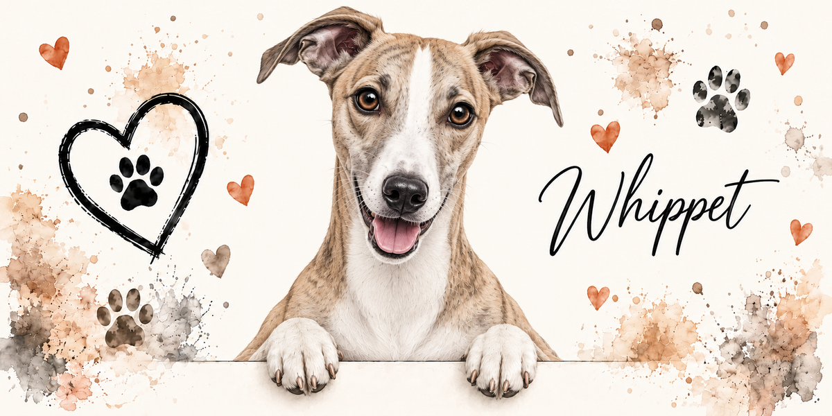 Illustration aquarelle Whippet : lévrier bringé fauve, chanfrein et poitrail blancs, oreilles repliées, accoudé à une bordure sur fond crème, empreintes de pattes, cœur tracé au trait et éclaboussures