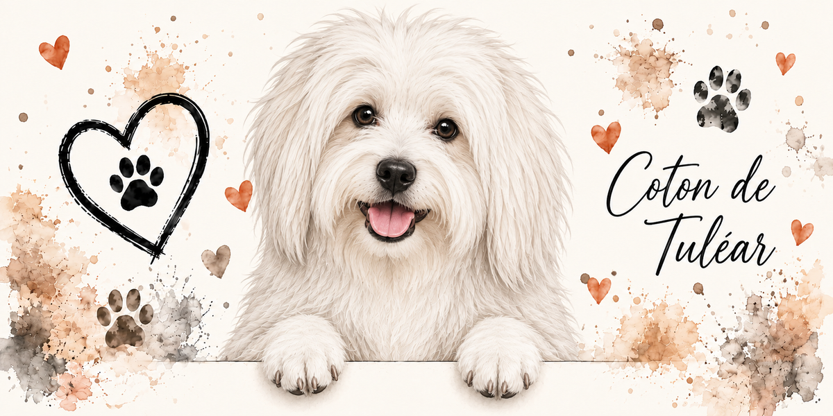Illustration aquarelle Coton de Tuléar : petit chien entièrement blanc au poil long et cotonneux, truffe noire, accoudé à une bordure sur fond crème, empreintes de pattes, cœur tracé au trait et éclaboussures