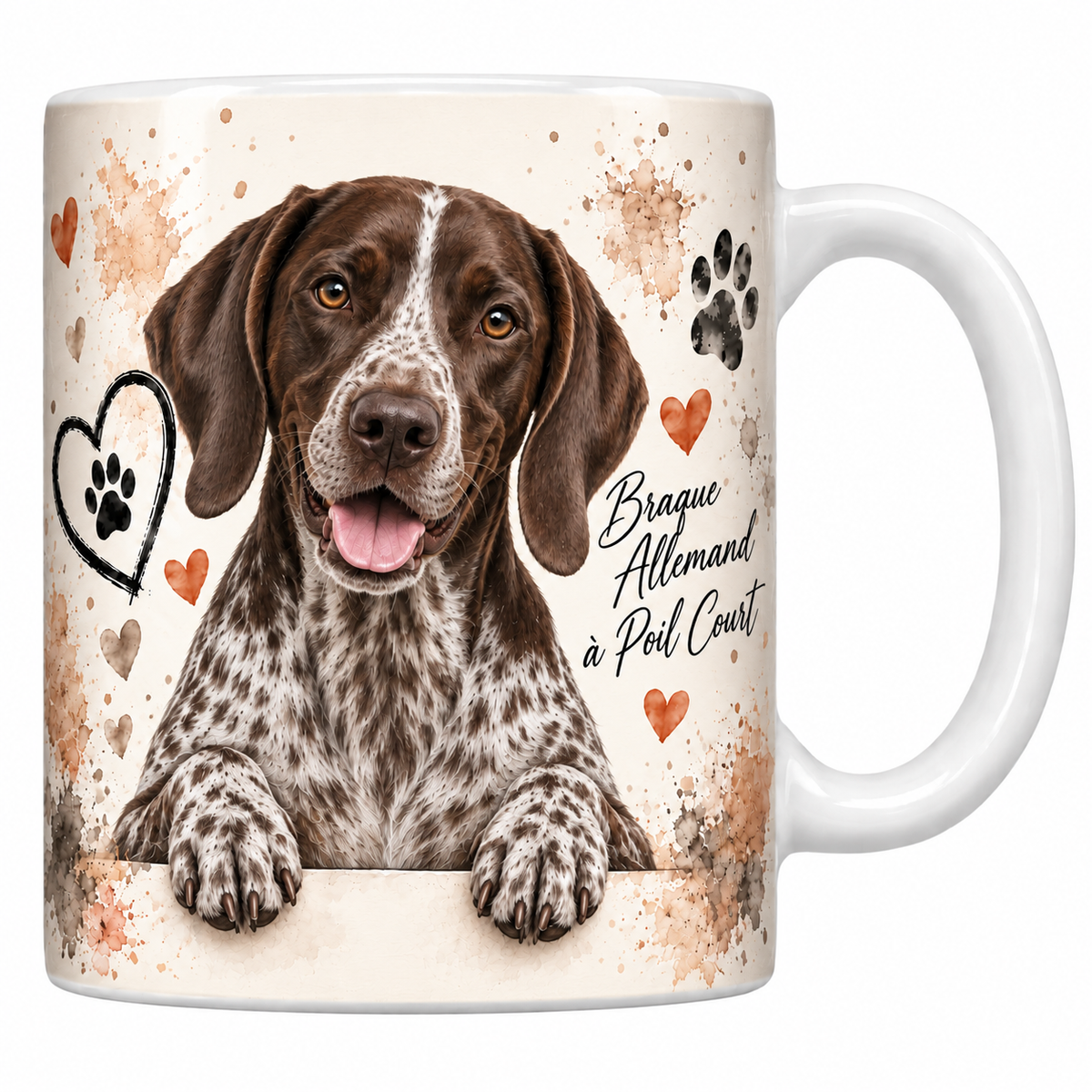 Mug blanc Braque allemand à poil court aquarelle : chien brun truité à liste blanche accoudé à une bordure, empreintes de pattes et cœur au trait
