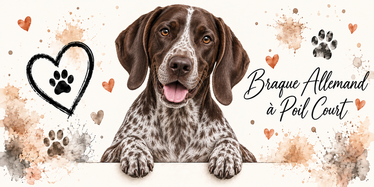 Illustration aquarelle Braque allemand à poil court : chien brun truité, tête brune barrée d'une liste blanche, oreilles mi-longues plaquées, accoudé à une bordure sur fond crème, empreintes de pattes, cœur tracé au trait et éclaboussures