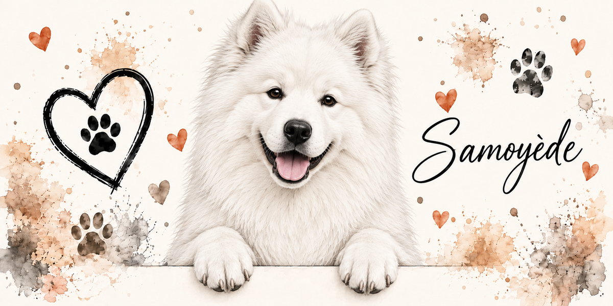 Illustration aquarelle Samoyède : chien de type spitz entièrement blanc, oreilles triangulaires dressées, accoudé à une bordure sur fond crème, empreintes de pattes, cœur tracé au trait et éclaboussures