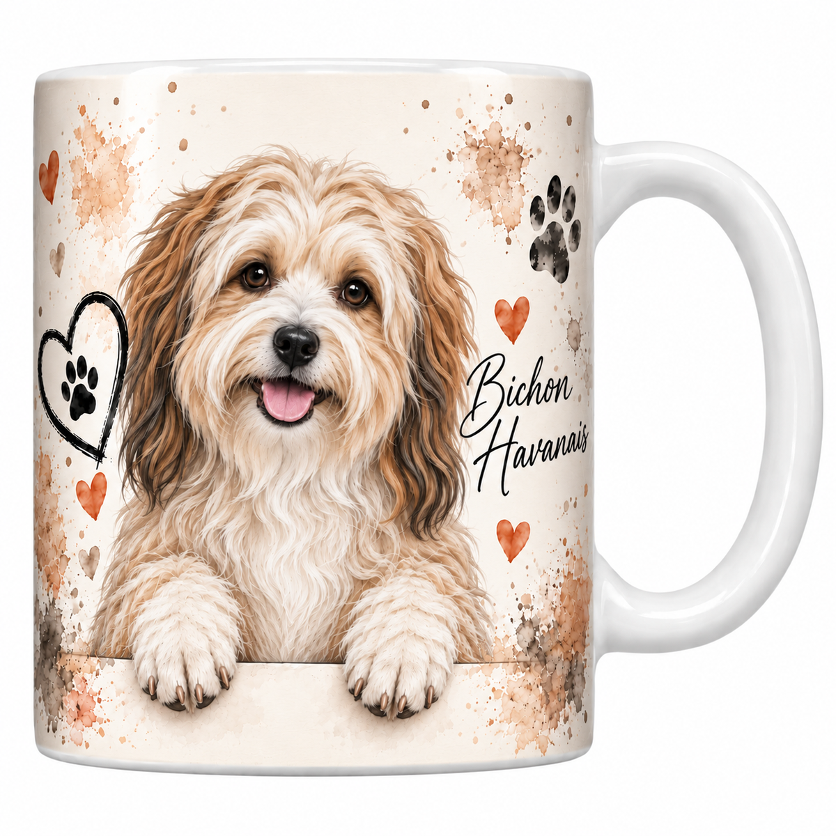 Mug blanc Bichon havanais aquarelle : petit chien crème et blanc au poil ondulé accoudé à une bordure, empreintes de pattes et cœur au trait