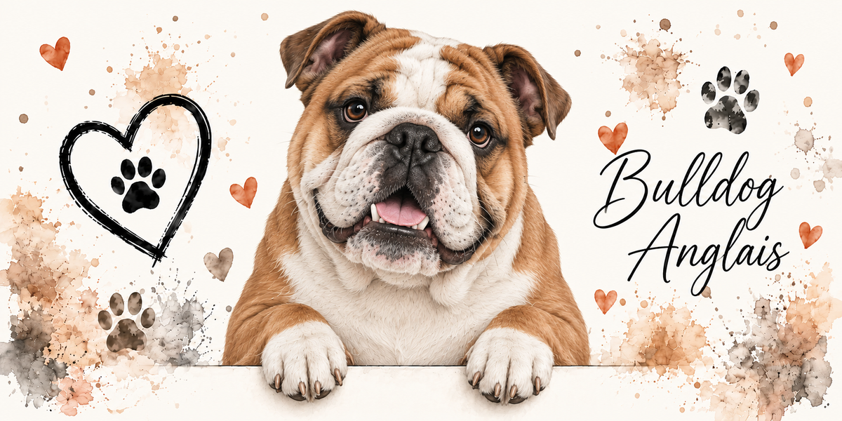 Illustration aquarelle Bulldog anglais : chien fauve et blanc, museau écrasé, rides du chanfrein et babines, accoudé à une bordure sur fond crème, empreintes de pattes, cœur tracé au trait et éclaboussures