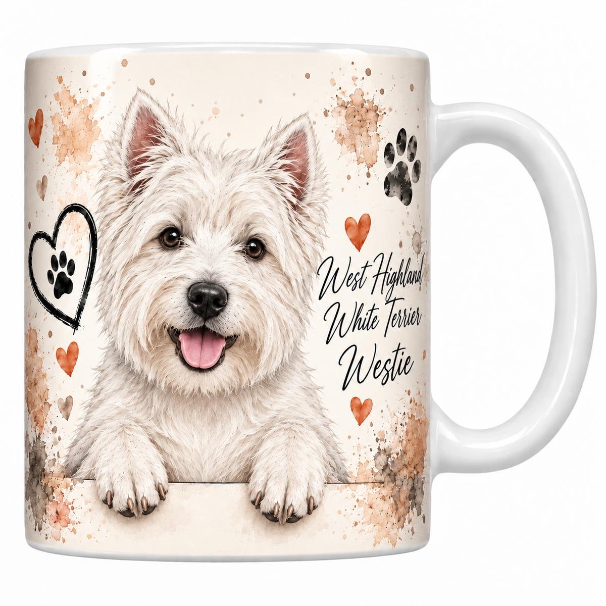 Mug blanc Westie aquarelle : west highland white terrier au poil dur accoudé à une bordure, empreintes de pattes et cœur au trait