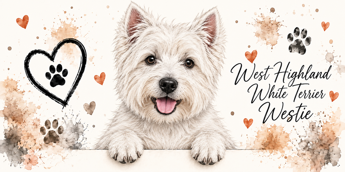 Illustration aquarelle Westie : west highland white terrier entièrement blanc, poil dur hirsute et oreilles droites, accoudé à une bordure sur fond crème, empreintes de pattes, cœur tracé au trait et éclaboussures