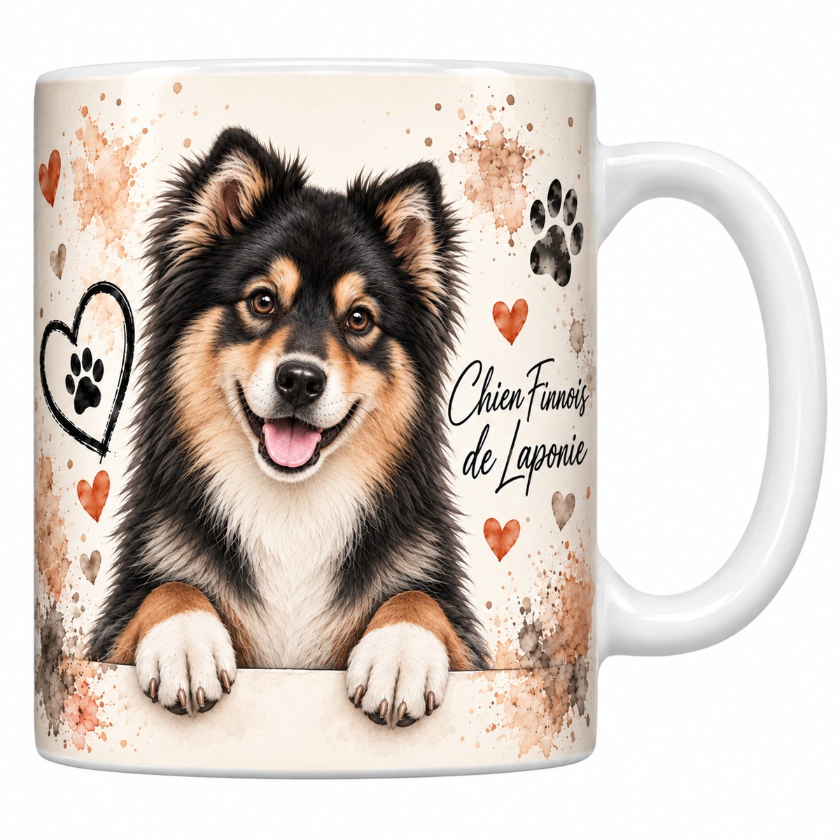 Mug blanc Chien finnois de Laponie aquarelle : spitz noir et feu à collerette accoudé à une bordure, empreintes de pattes et cœur au trait