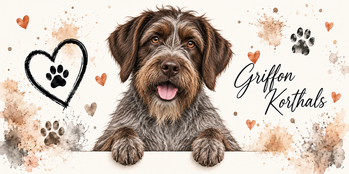 Illustration aquarelle Griffon Korthals : chien brun et gris rouanné au poil dur hirsute, barbe et sourcils fournis, accoudé à une bordure sur fond crème, empreintes de pattes, cœur tracé au trait et éclaboussures