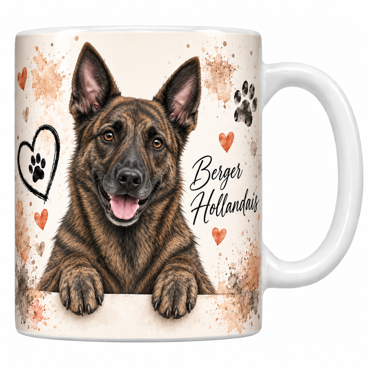 Mug blanc Berger hollandais aquarelle : chien bringé fauve et noir aux oreilles droites accoudé à une bordure, empreintes de pattes et cœur au trait