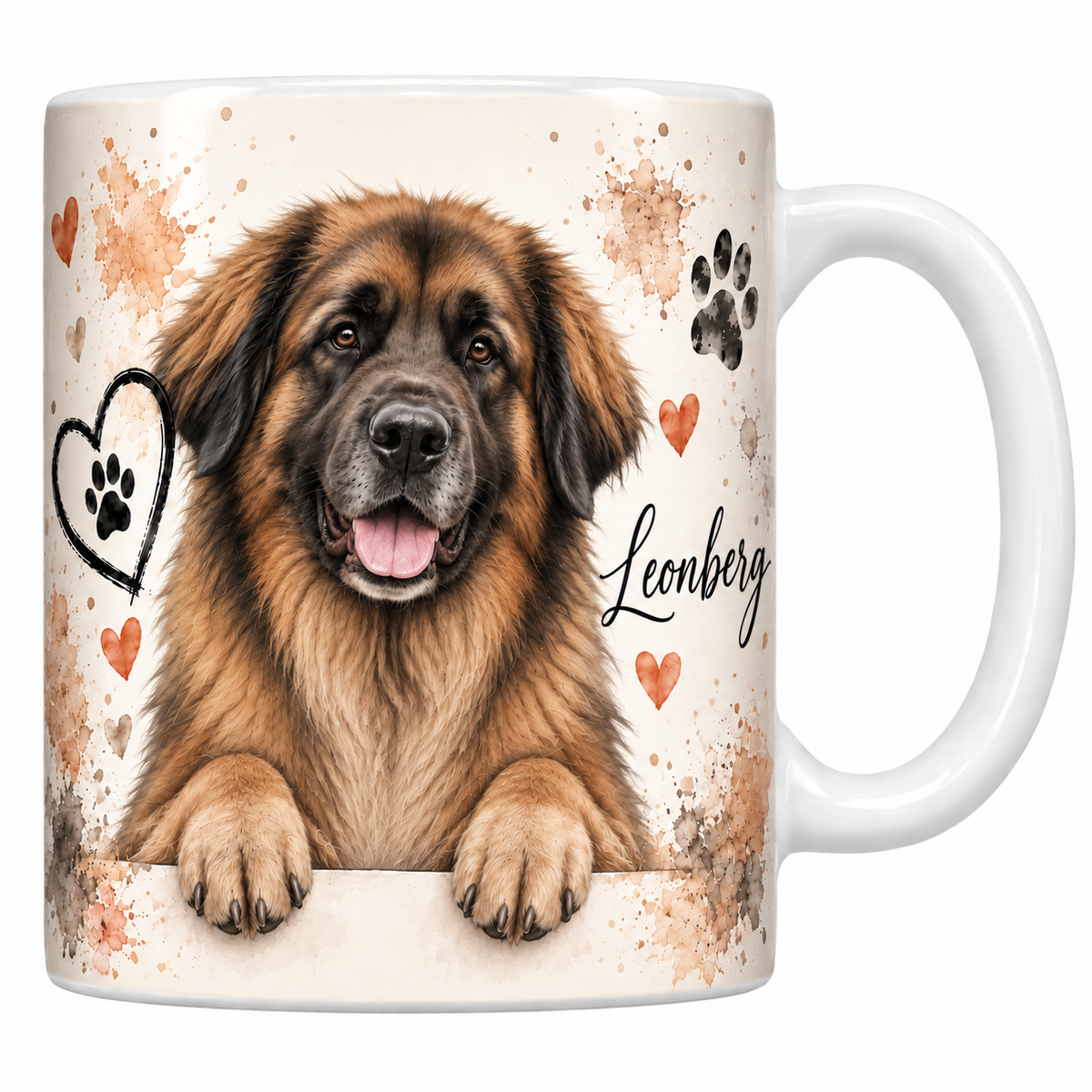 Mug blanc Leonberg aquarelle : chien fauve à masque noir et crinière abondante accoudé à une bordure, empreintes de pattes et cœur au trait
