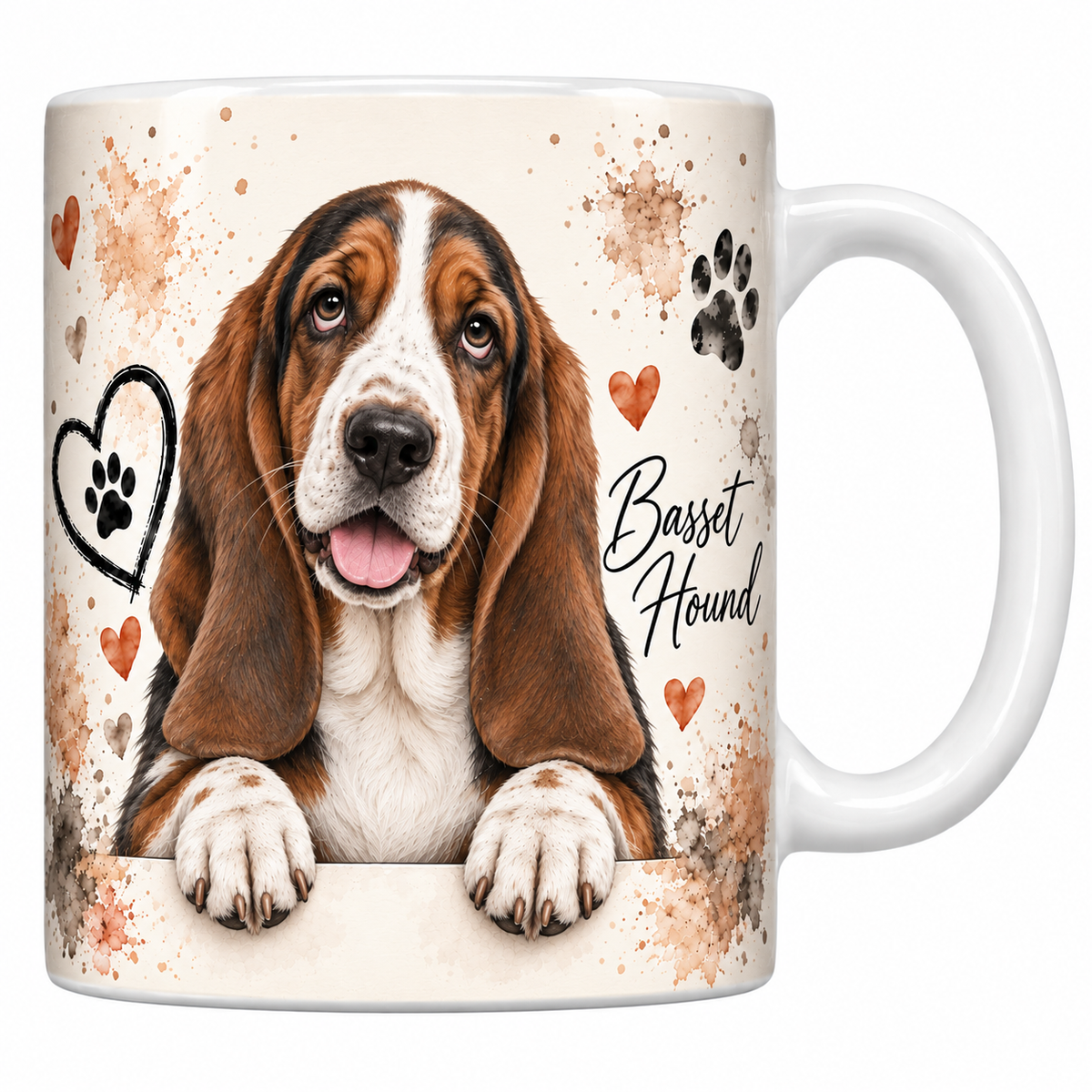 Mug blanc Basset hound aquarelle : chien tricolore aux très longues oreilles accoudé à une bordure, empreintes de pattes et cœur au trait