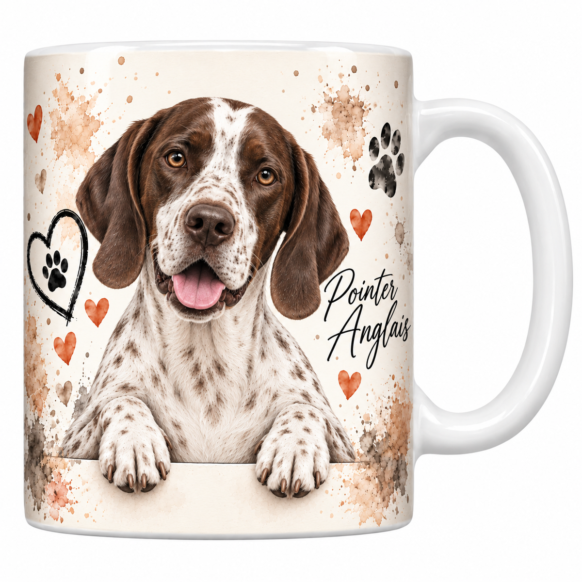 Mug blanc Pointer anglais aquarelle : chien foie et blanc moucheté accoudé à une bordure, empreintes de pattes et cœur au trait