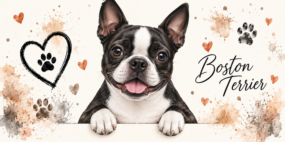 Illustration aquarelle Boston terrier : chien noir bringé et blanc, oreilles droites pointues et masque blanc, accoudé à une bordure sur fond crème, empreintes de pattes, cœur tracé au trait et éclaboussures
