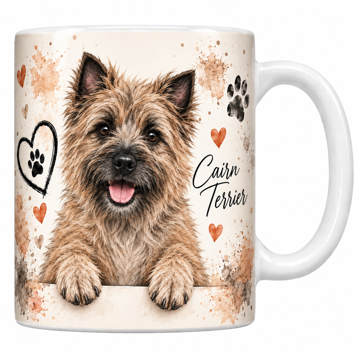 Mug blanc Cairn terrier aquarelle : petit chien froment au poil dur accoudé à une bordure, empreintes de pattes et cœur au trait