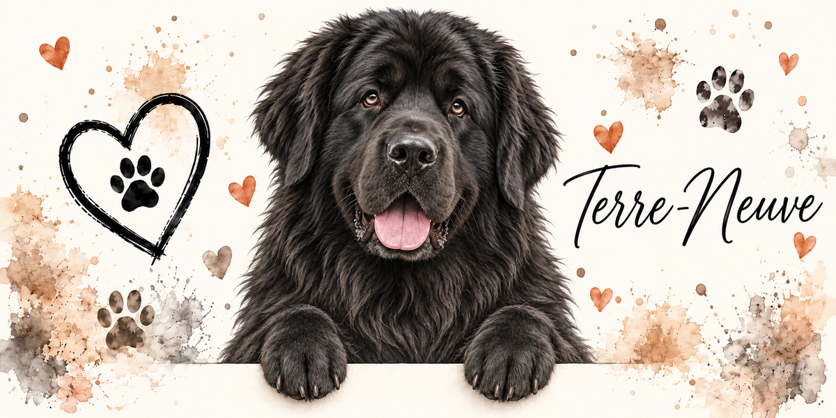 Illustration aquarelle Terre-Neuve : grand chien noir à la fourrure dense et aux oreilles tombantes, accoudé à une bordure sur fond crème, empreintes de pattes, cœur tracé au trait et éclaboussures