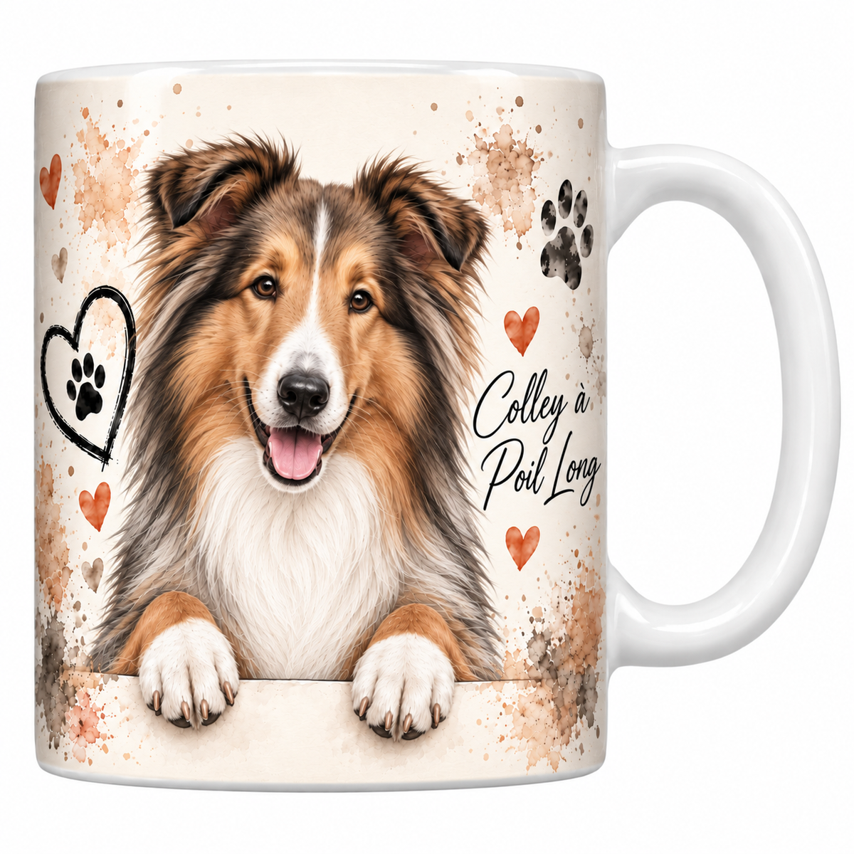 Mug blanc Colley à poil long aquarelle : chien zibeline et blanc à collerette accoudé à une bordure, empreintes de pattes et cœur au trait