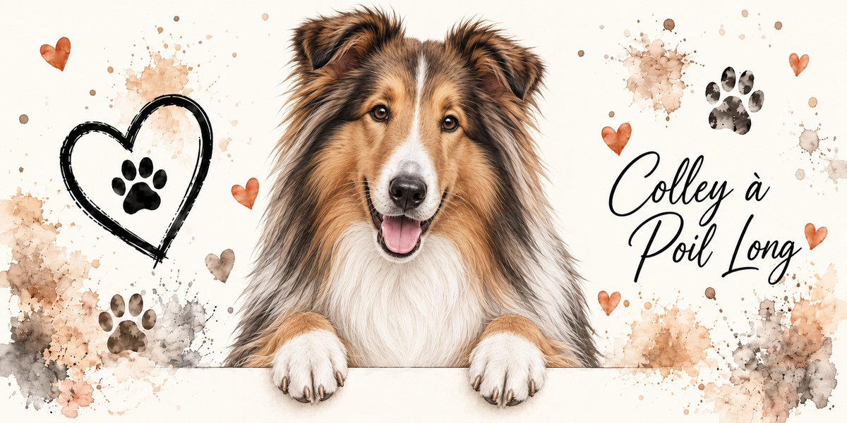 Illustration aquarelle Colley à poil long : chien zibeline et blanc à collerette blanche et museau effilé, accoudé à une bordure sur fond crème, empreintes de pattes, cœur tracé au trait et éclaboussures
