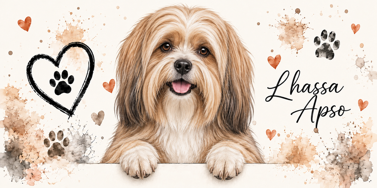Illustration aquarelle Lhassa apso : petit chien froment doré au long poil tombant et aux oreilles pendantes frangées, accoudé à une bordure sur fond crème, empreintes de pattes, cœur tracé au trait et éclaboussures