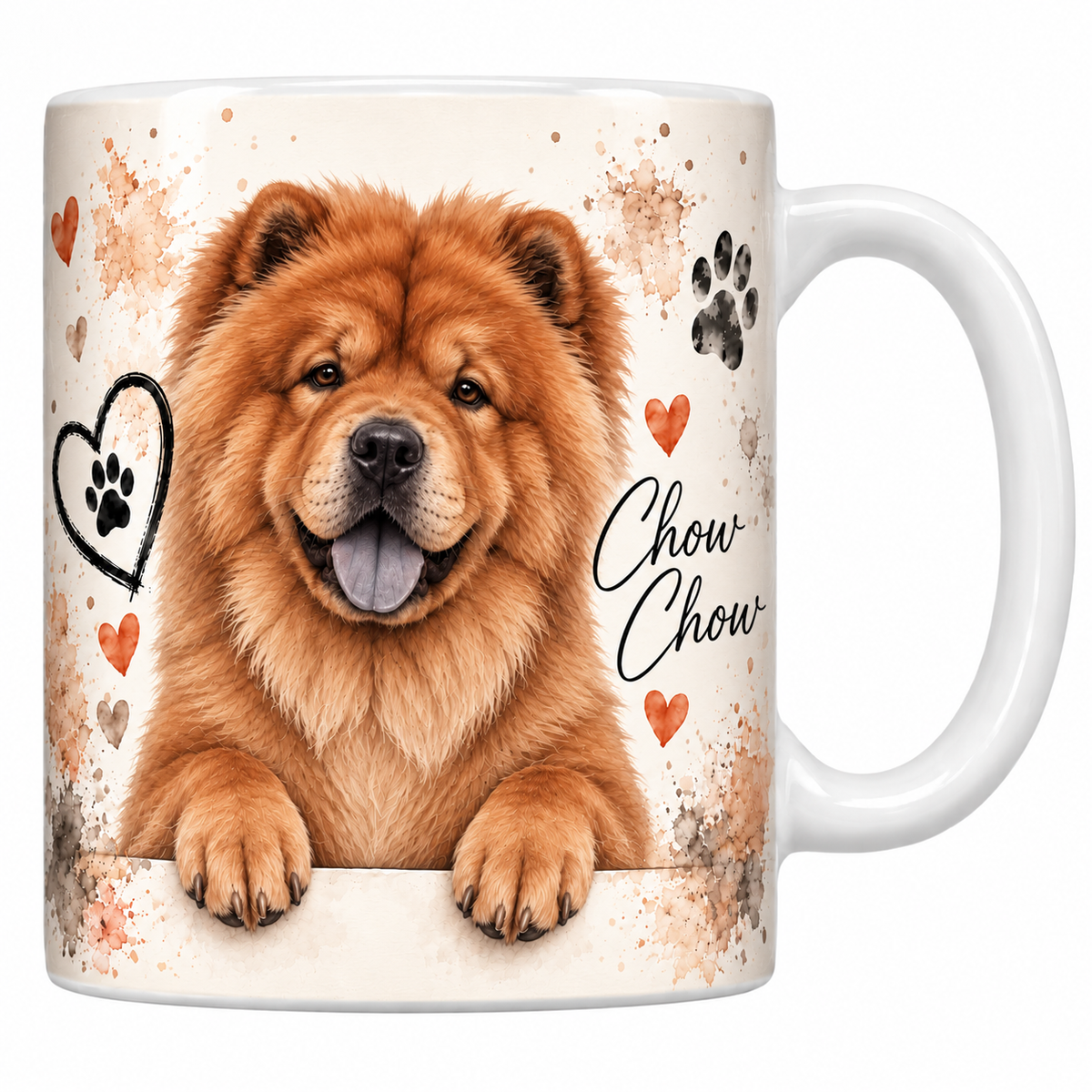 Mug blanc Chow chow aquarelle : chien roux à crinière léonine et langue bleue accoudé à une bordure, empreintes de pattes et cœur au trait