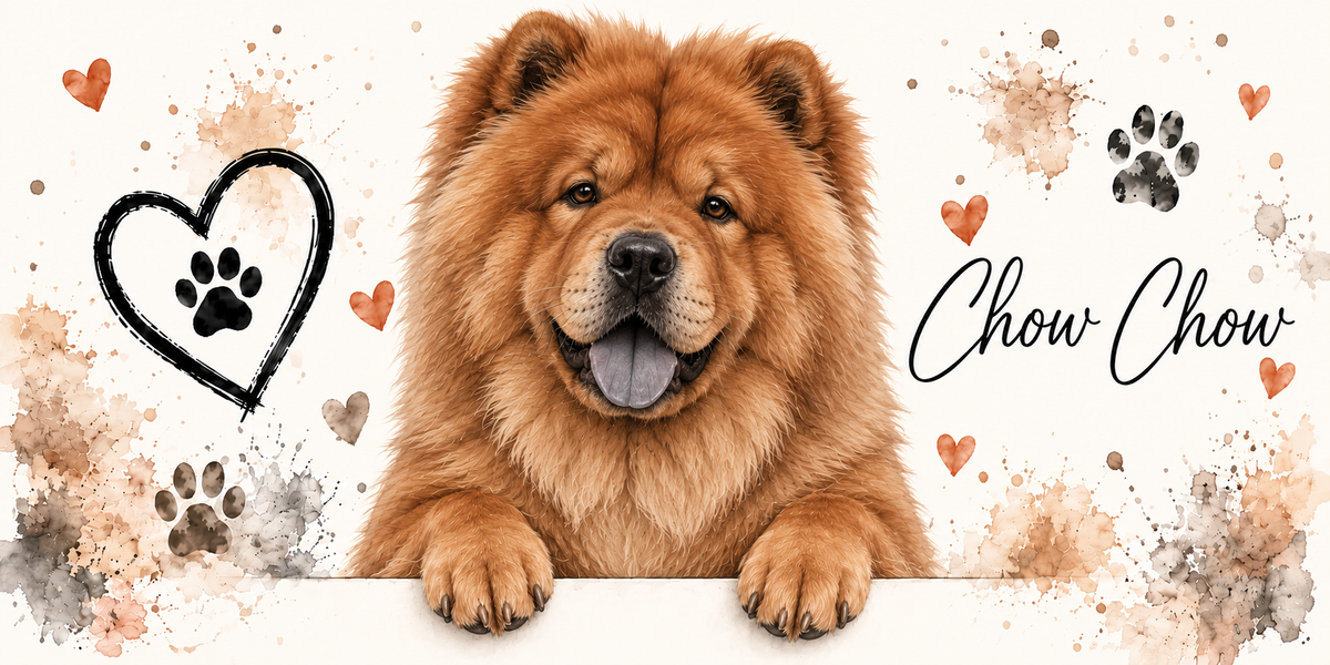 Illustration aquarelle Chow chow : chien roux à la crinière léonine, petites oreilles arrondies et langue bleu-noir, accoudé à une bordure sur fond crème, empreintes de pattes, cœur tracé au trait et éclaboussures