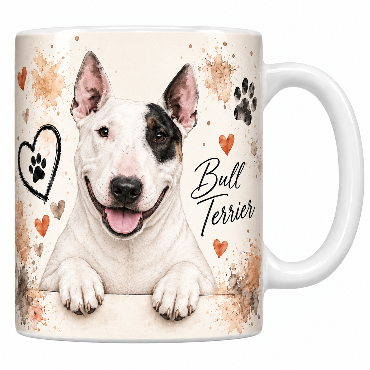 Mug blanc Bull terrier aquarelle : chien blanc à la tête ovoïde et tache sombre sur l'œil accoudé à une bordure, empreintes de pattes et cœur au trait
