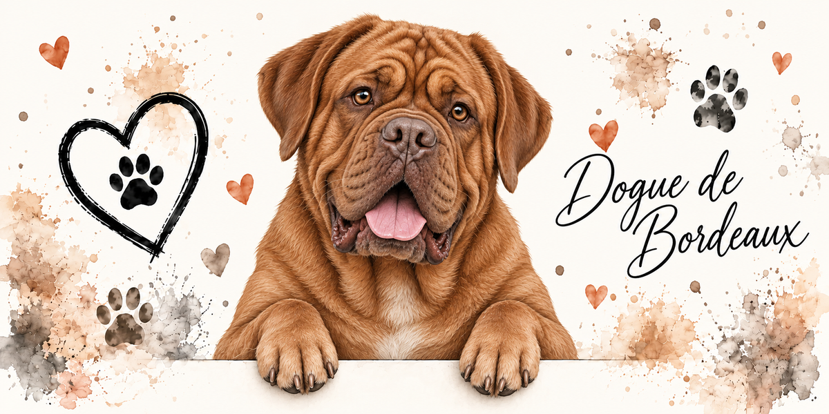 Illustration aquarelle Dogue de Bordeaux : chien acajou au masque brun, rides du front et oreilles tombantes, accoudé à une bordure sur fond crème, empreintes de pattes, cœur tracé au trait et éclaboussures