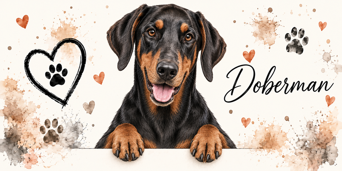 Illustration aquarelle Doberman : chien noir et feu, oreilles naturelles tombantes et marques feu aux sourcils, accoudé à une bordure sur fond crème, empreintes de pattes, cœur tracé au trait et éclaboussures