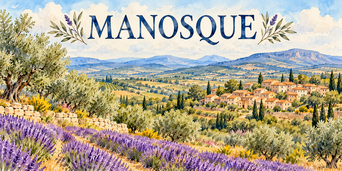 Manosque en aquarelle : un muret de pierre sèche et des oliviers à gauche, de larges rangs de lavande en fleur au premier plan, la plaine cultivée, le village aux maisons ocre, toits de tuiles et cyprès à droite, les collines et les montagnes bleutées au fond, le nom de la ville encadré de rameaux d'olivier et de brins de lavande