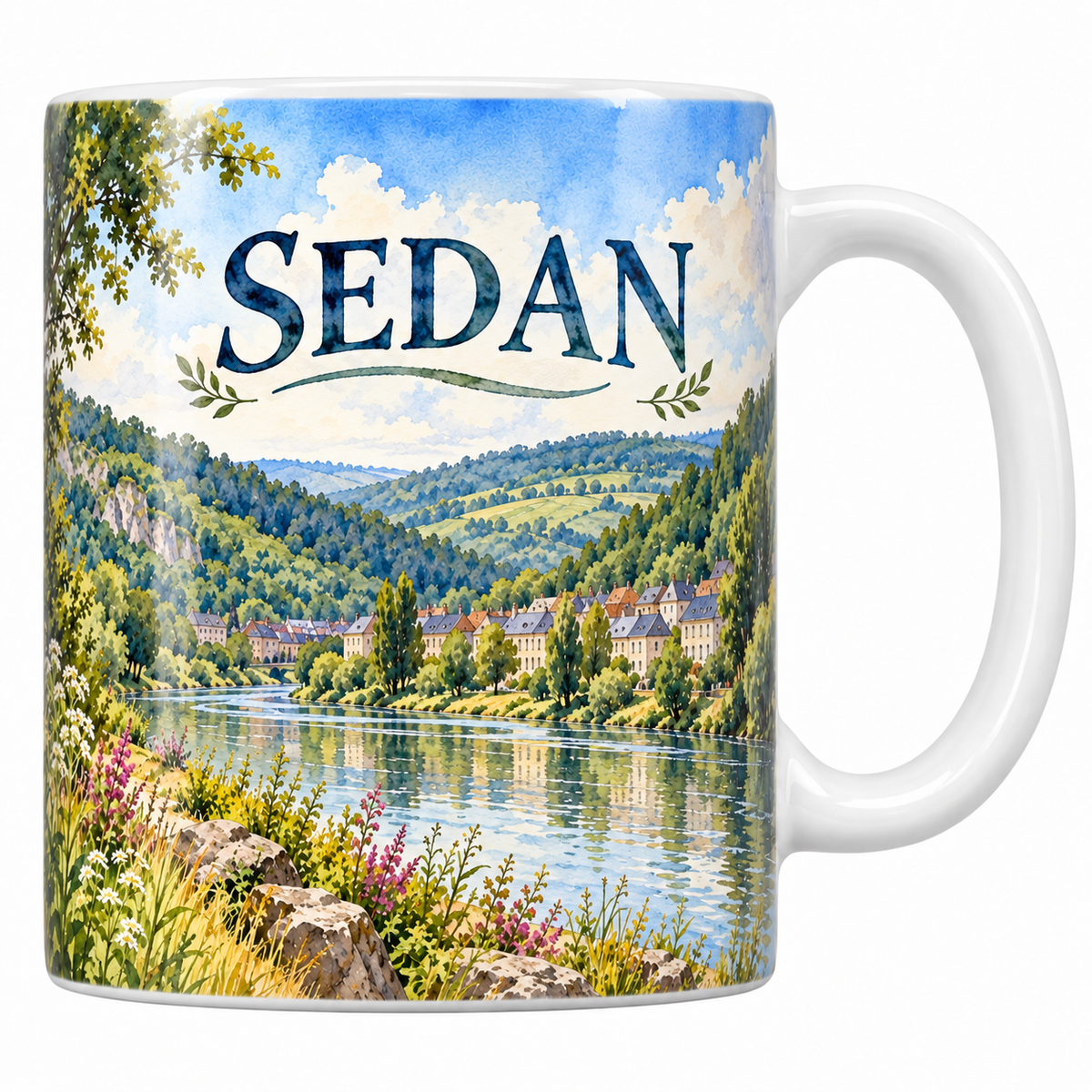 Mug céramique 330 ml Sedan : la Meuse, les maisons à toits d'ardoise et les collines en aquarelle