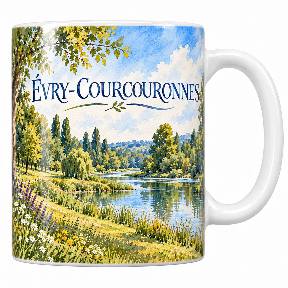 Mug céramique 330 ml Évry-Courcouronnes : la rivière, les saules et la prairie en aquarelle