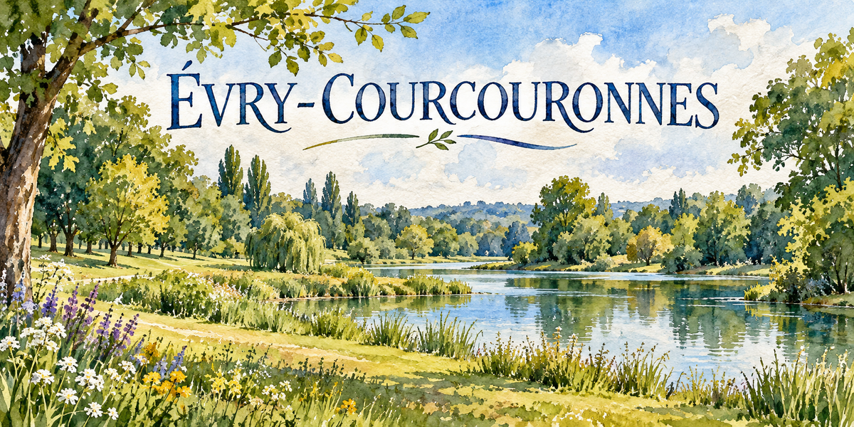 Évry-Courcouronnes en aquarelle : une rivière calme serpentant au centre, des saules penchés sur la berge, une large prairie verte semée de fleurs blanches et bleues au premier plan, de grands arbres et une branche feuillue en haut à gauche, les coteaux boisés au fond, le nom de la ville souligné d'un trait et d'un rameau