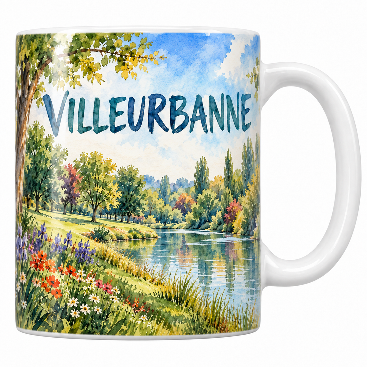 Mug céramique 330 ml Villeurbanne : le parc, la rivière et les iris de la berge en aquarelle