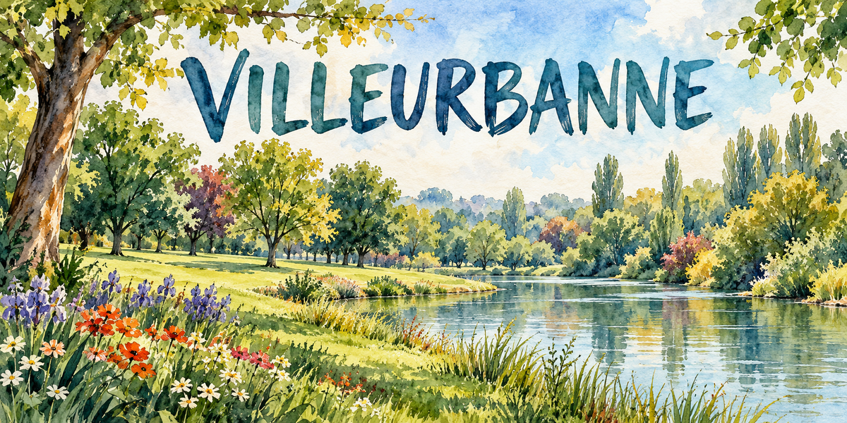 Villeurbanne en aquarelle : un grand tronc d'arbre à gauche, un parc planté d'arbres aux feuillages verts et roux, une rivière calme à droite bordée de roseaux, des iris violets et des fleurs rouges et blanches au premier plan, une pelouse en pente, les arbres du fond, le nom de la ville en lettres bleu-vert