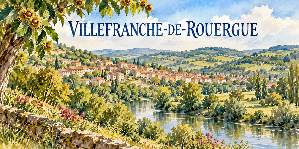 Villefranche-de-Rouergue en aquarelle : un châtaignier chargé de bogues et de feuilles en haut à gauche, un muret de pierre et des fleurs roses au premier plan, la ville étagée aux maisons claires et toits de tuiles rouges à mi-hauteur, l'Aveyron qui coule au fond de la vallée, les coteaux cultivés et les collines boisées à l'arrière-plan, le nom de la ville en capitales bleu marine