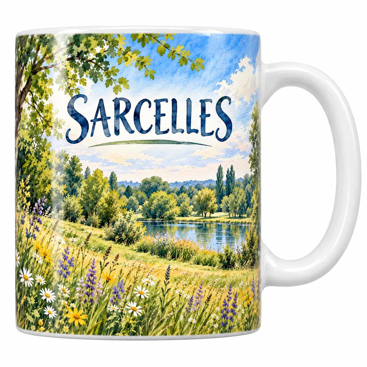 Mug céramique 330 ml Sarcelles : la prairie fleurie, le plan d'eau et le grand chêne en aquarelle