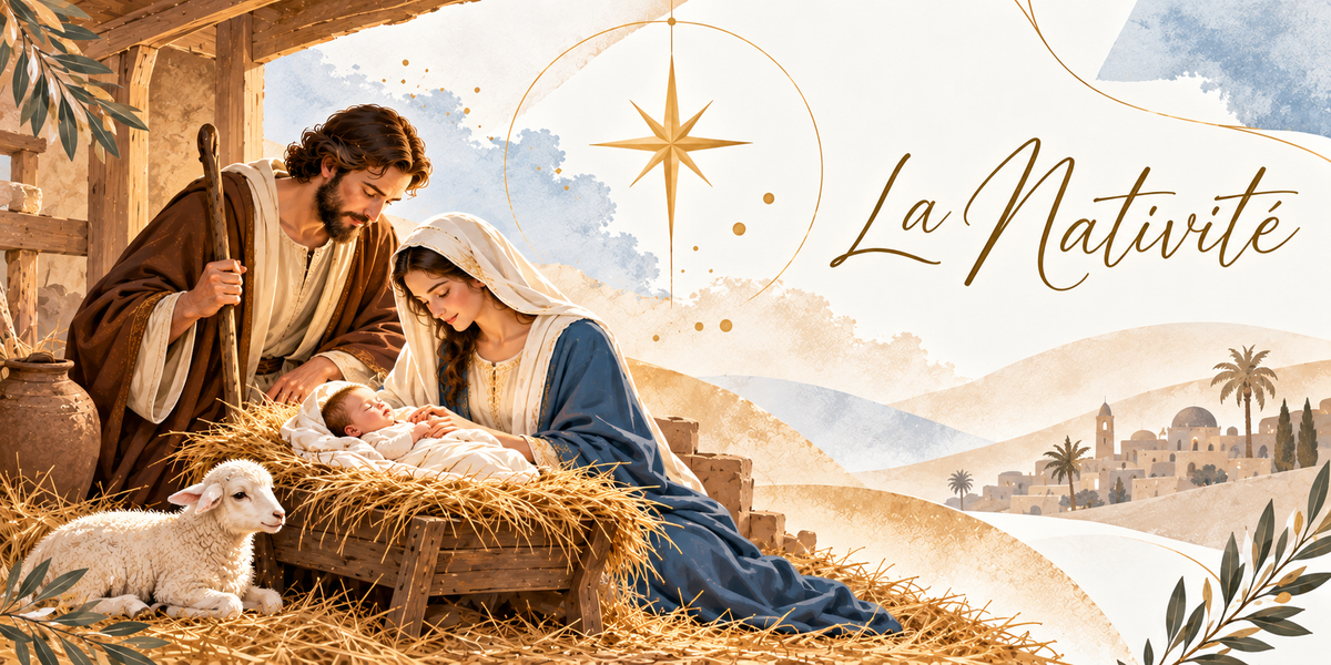 Illustration de la Nativité, Joseph appuyé sur son bâton et Marie agenouillée en robe bleue et voile crème penchés sur l'enfant emmailloté couché dans une mangeoire de bois remplie de paille, un agneau blanc couché au premier plan, une jarre de terre, la charpente de l'étable, une grande étoile dorée à huit branches dans le ciel, les collines et un village aux dômes et aux palmiers au loin, des rameaux d'olivier en bordure et le titre La Nativité en lettres dorées