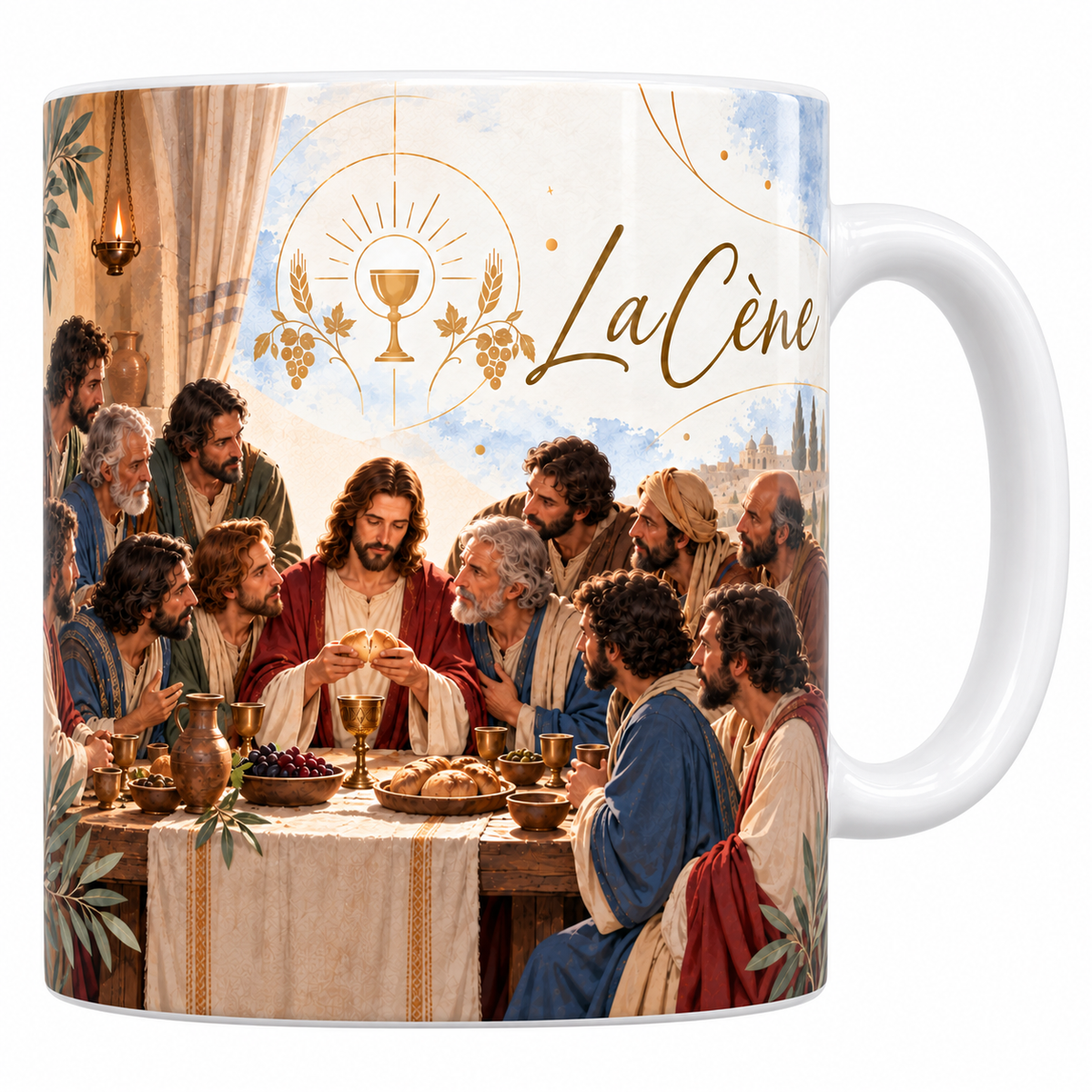 Mug céramique blanche 330 ml illustré de la Cène, la longue table de bois à la nappe claire, le pain rompu au centre, les coupes dorées, les plats de fruits et de pains, la lampe à huile suspendue et le titre La Cène en lettres dorées